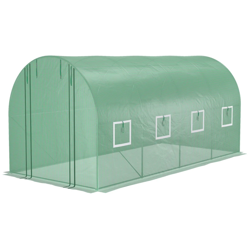Outsunny 14.6' x 6.6' x 6.6' Walk-in Tunnel Hoop Greenhouse with Mesh Door & 8 Windows, Large Green House for Outside for Plants, Flowers, Vegetables, Galvanized Steel Frame & PE Cover, Green