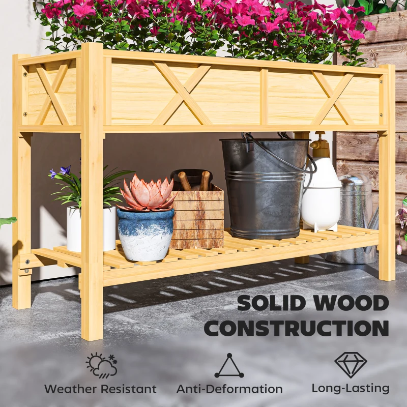 Outsunny Raised Garden Bed, 47 x 22 x 31.5 in. Elevated Wood Planter Box with Storage Shelf, Drainage Holes, and Liner, Natural