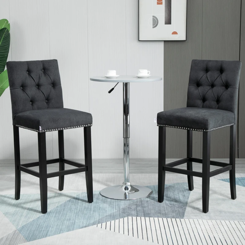 HOMCOM Fabric Bar Stool Set of 2, Tall 29.5" Seat Height Bar Chairs with Tufted Back & Wood Legs, Dark Grey