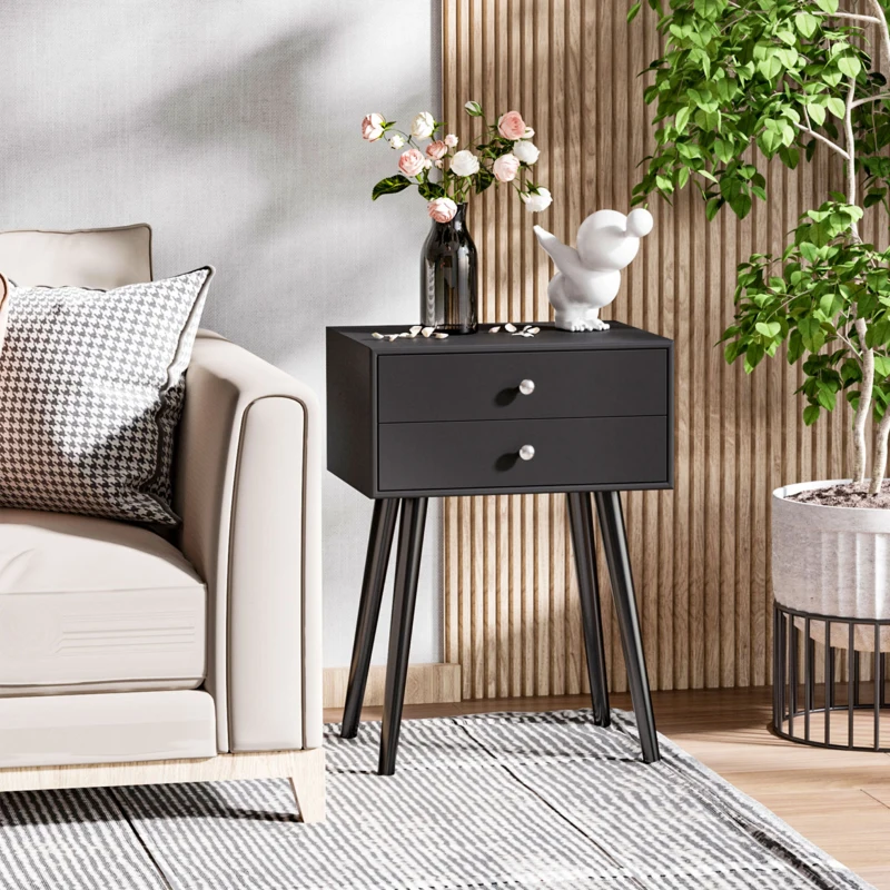 HOMCOM Side Table, Modern End Table with 2 Pull Out Drawers, Side Table with Display Tabletop and Solid Acacia Legs, Black