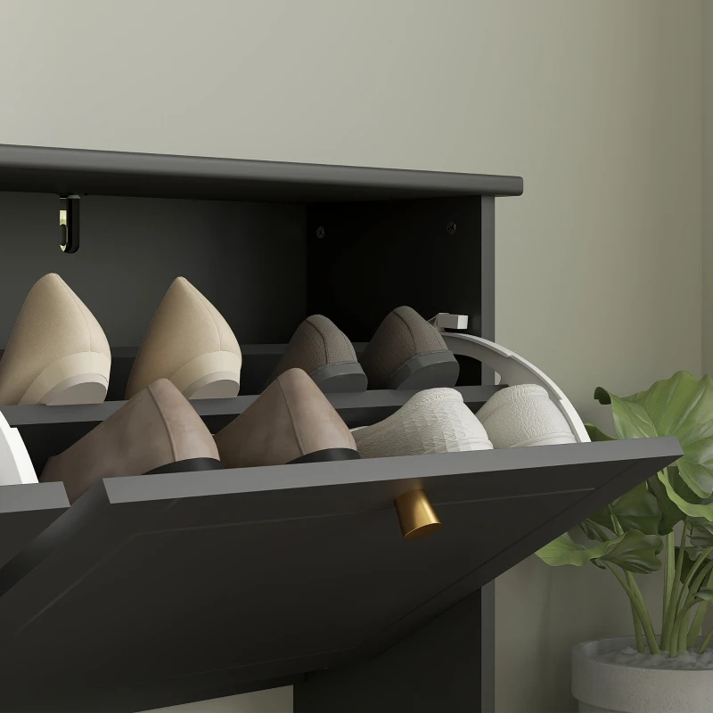 HOMCOM Modern Shoe Storage Cabinet, Narrow Shoe Cabinet with 4 Flip Drawers, Adjustable Shelves, 5 Legs for Entryway, Black