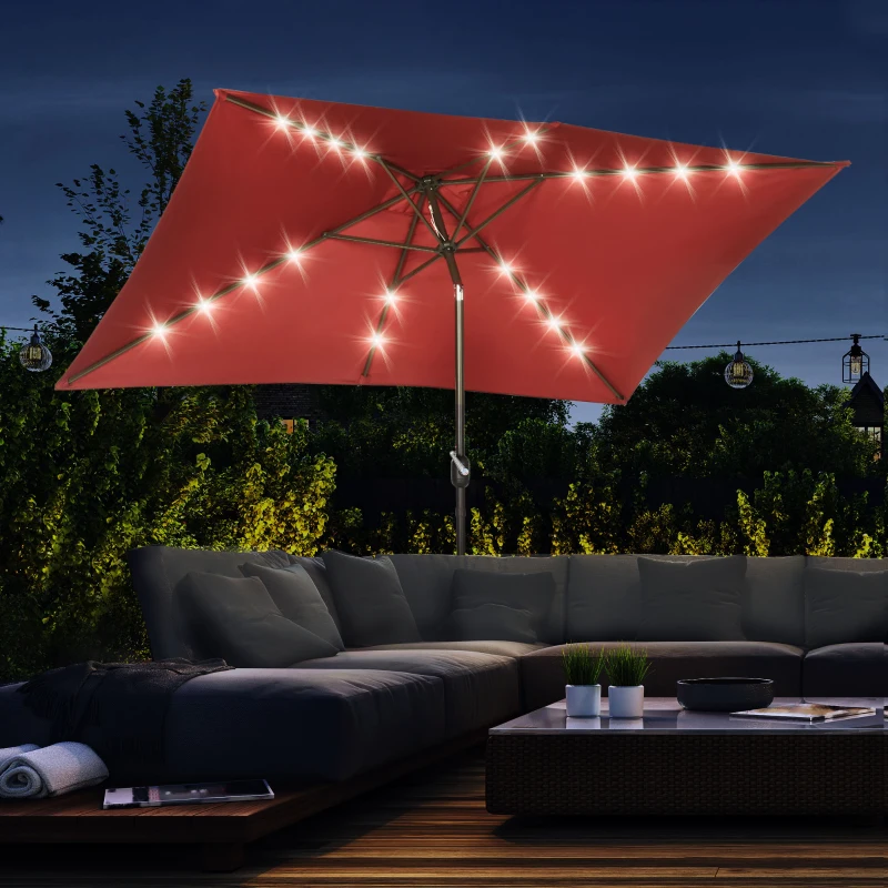 Outsunny 6.5x10ft Patio Umbrella Rectangle Solar Powered Tilt Aluminum Outdoor Market Parasol with LEDs Crank (Wine Red)