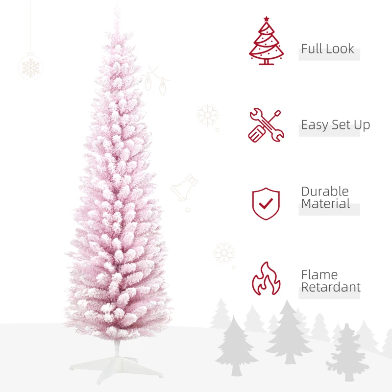HOMCOM 7ft Flocked Christmas Tree, Pencil Artificial Christmas Tree with Realistic Branches, Pink