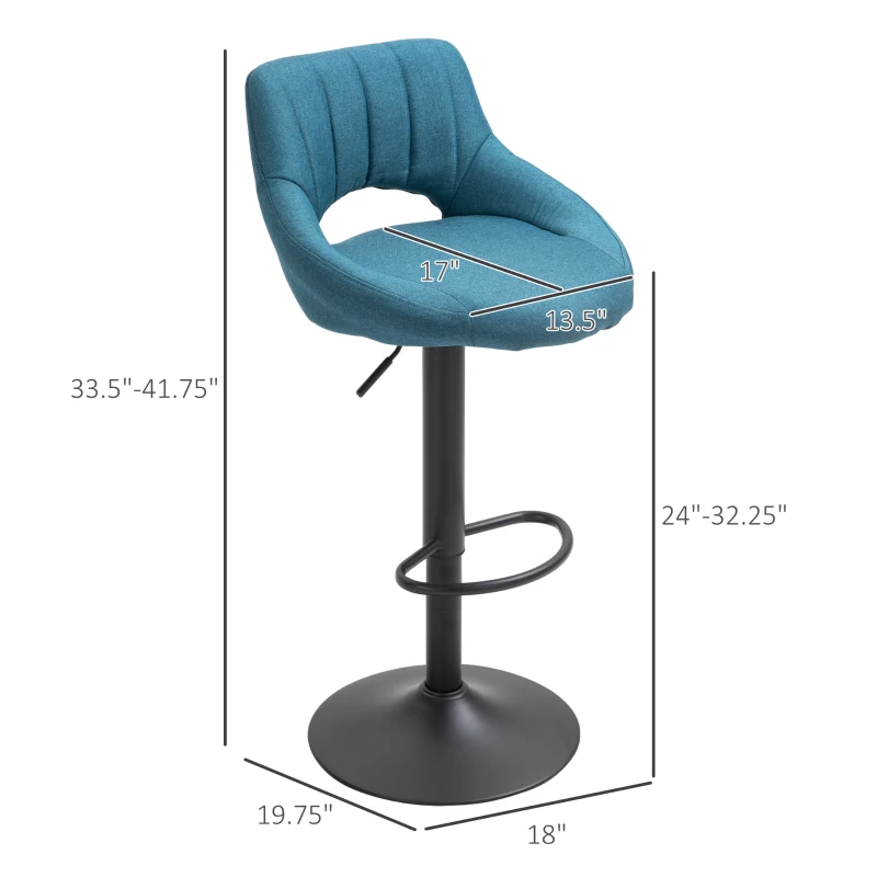 HOMCOM Bar Stools Set of 2, Swivel Bar Height Barstools Chairs with Adjustable Height, Round Heavy Metal Base, and Footrest, Blue