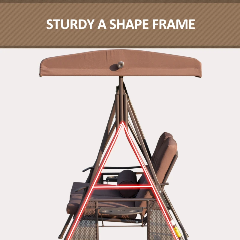 Outsunny 2-Person Patio Swing Outdoor Swing Chair Canopy Swing with Adjustable Shade, Soft Cushions, Throw Pillow and Tray for Garden, Poolside, Backyard, Brown