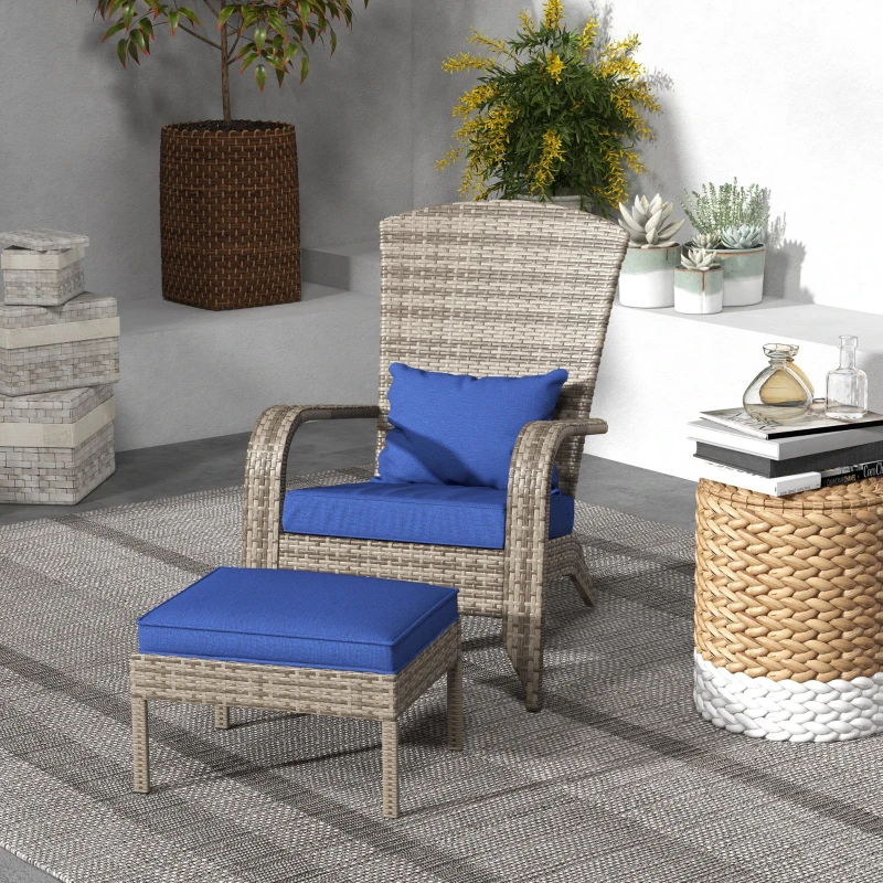 Outsunny Wicker Adirondack Chair Fire Pit Chair w/ Ottoman & Cushions, Blue