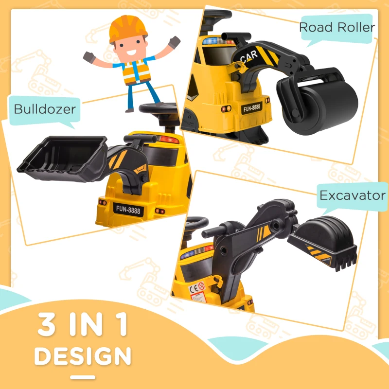 Aosom 3 in 1 Ride on Excavator Bulldozer with Music, Yellow