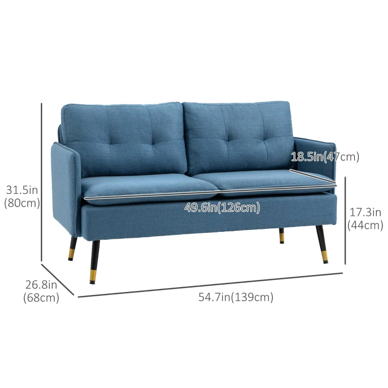 HOMCOM 55" Loveseat Sofa, Linen Love Seat w/ S spring, Steel Legs and Button Tufting, Small Couch for Living Room, Dark Blue