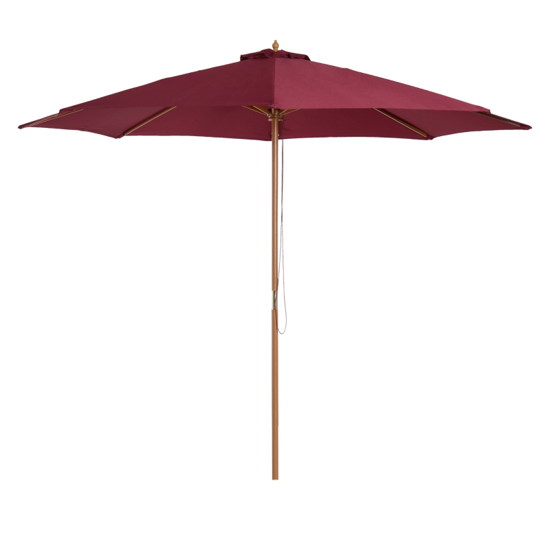 Outsunny 10' x 8' Bamboo Wooden Round Market Patio Sun Umbrella Garden Parasol Outdoor Sunshade Canopy, Wine Red