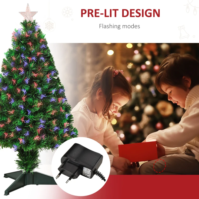 HOMCOM 2.5ft Tall Pre-Lit Douglas Fir Tabletop Artificial Christmas Tree with Realistic Branches, Fiber Optic LED Lights and 85 Tips, Green