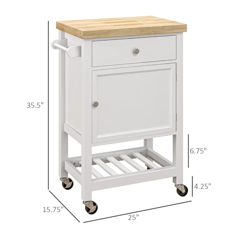 HOMCOM Kitchen Island on Wheels, Rolling Kitchen Cart with Rubberwood Top, Drawer, Wine Rack and Cabinet, White