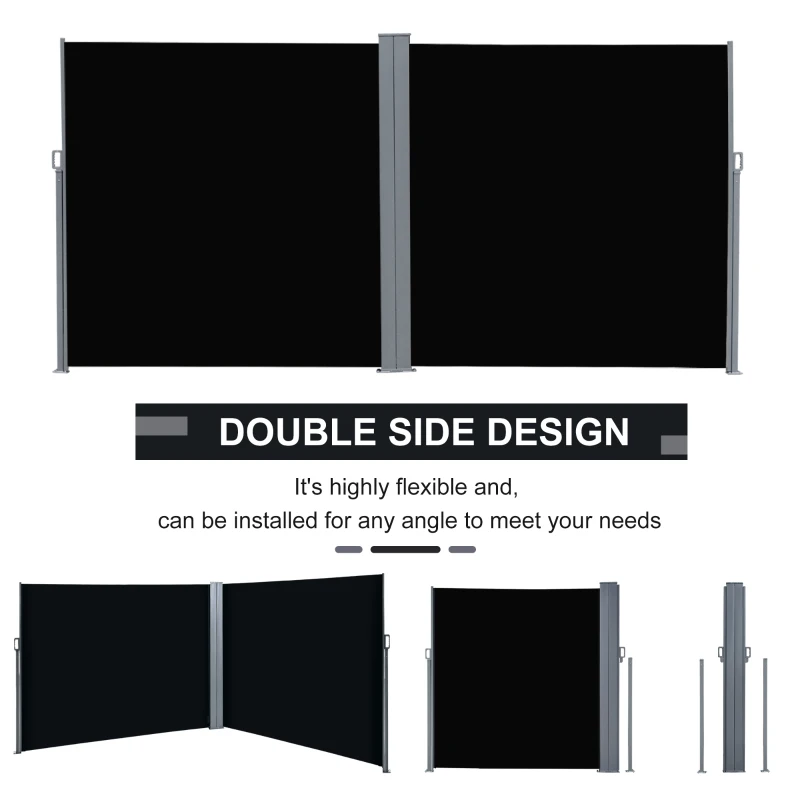 Outsunny Patio Retractable Double Side Awning, Folding Privacy French Screen Fence, Privacy Wall Corner Divider, Garden Outdoor Sun Shade Wind Screen, Indoor Room Divider, Black