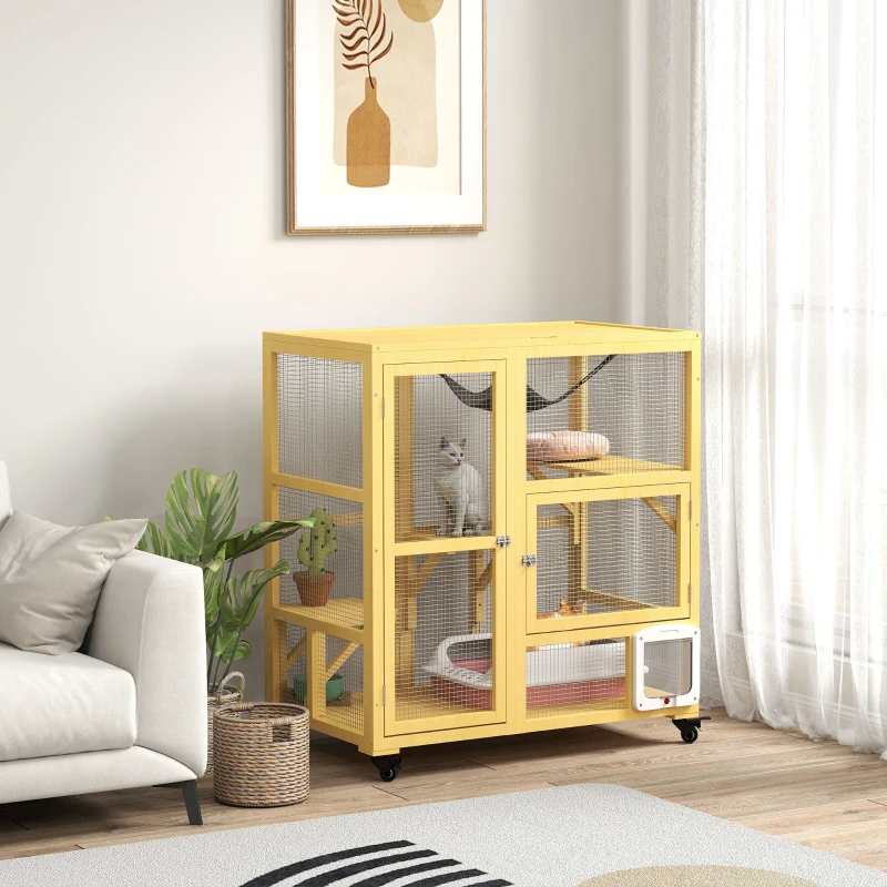 PawHut Cat Condo Wooden Indoor Cat House on Wheels with Cat Flap Door Platforms Hammock Openable Top for 2 Cats, Yellow