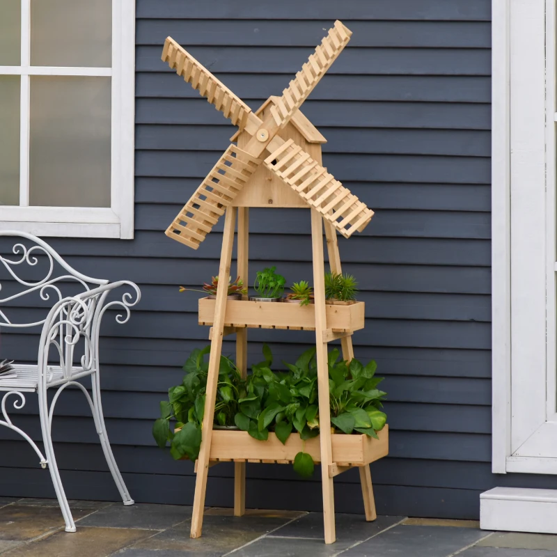 Outsunny Outdoor Plant Stand, 2 Tier Wood Flower Stand with Windmill, Garden Decor Plant Shelf with Built-in Mini Bird House, Great for Indoor/Outdoor