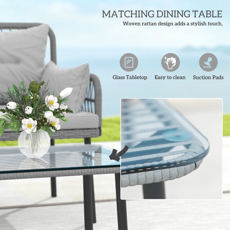 Outsunny 2 Pieces Wicker Patio Furniture Set, Small Patio Seat with Outdoor Loveseat, Glass Top Table and Cushions, Light Grey