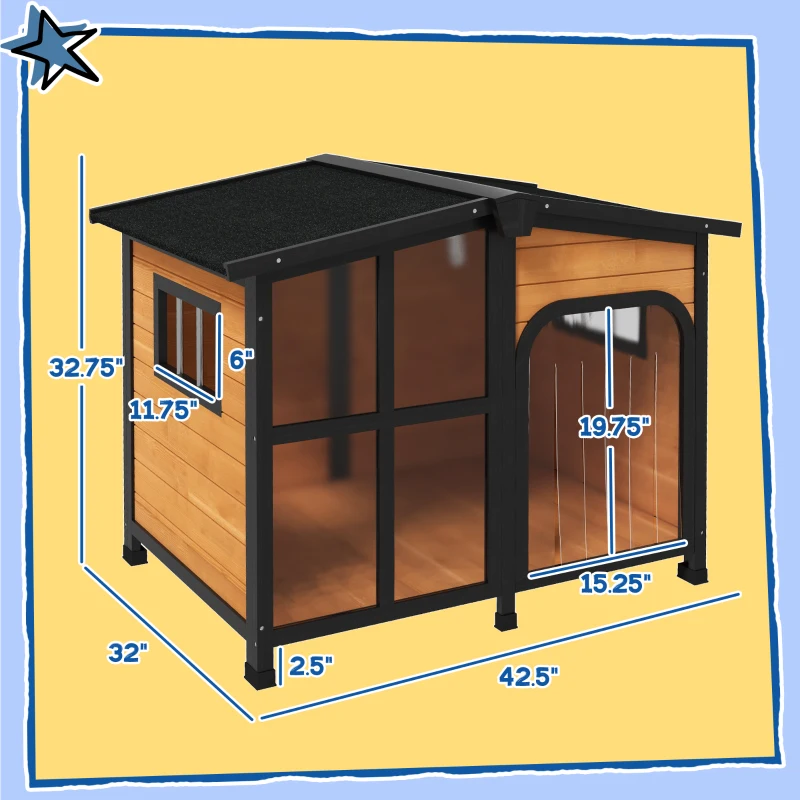 PawHut Cabin-Style Wooden Dog House for Large Dogs with Openable Roof & Giant Window, Yellow