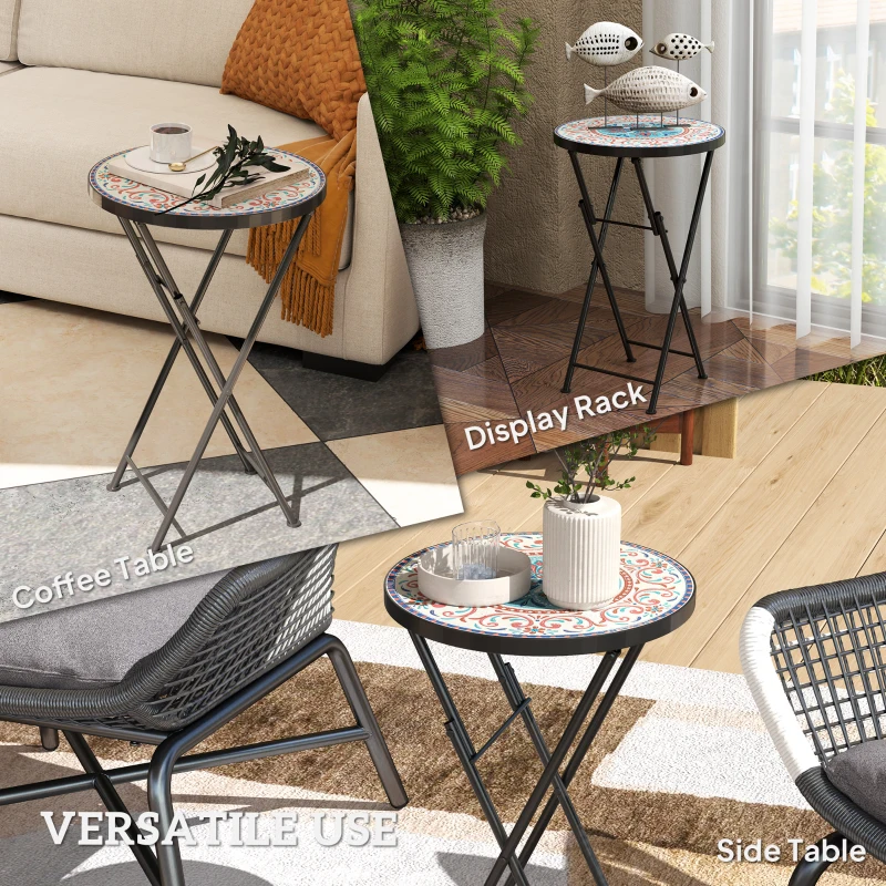 Outsunny Mosaic Outdoor Patio Side Table, 14" Round Folding Outdoor Coffee Table with Steel Frame for Balcony Deck Patio Terrace, Mixed Colour