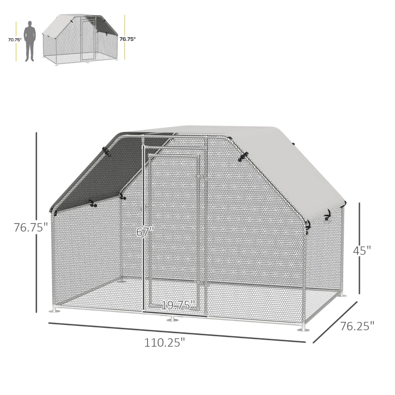 PawHut 9.2' x 6.3' Metal Chicken Coop, Galvanized Walk-in Hen House, Poultry Cage Outdoor Backyard with Waterproof UV-Protection Cover for Rabbits, Ducks