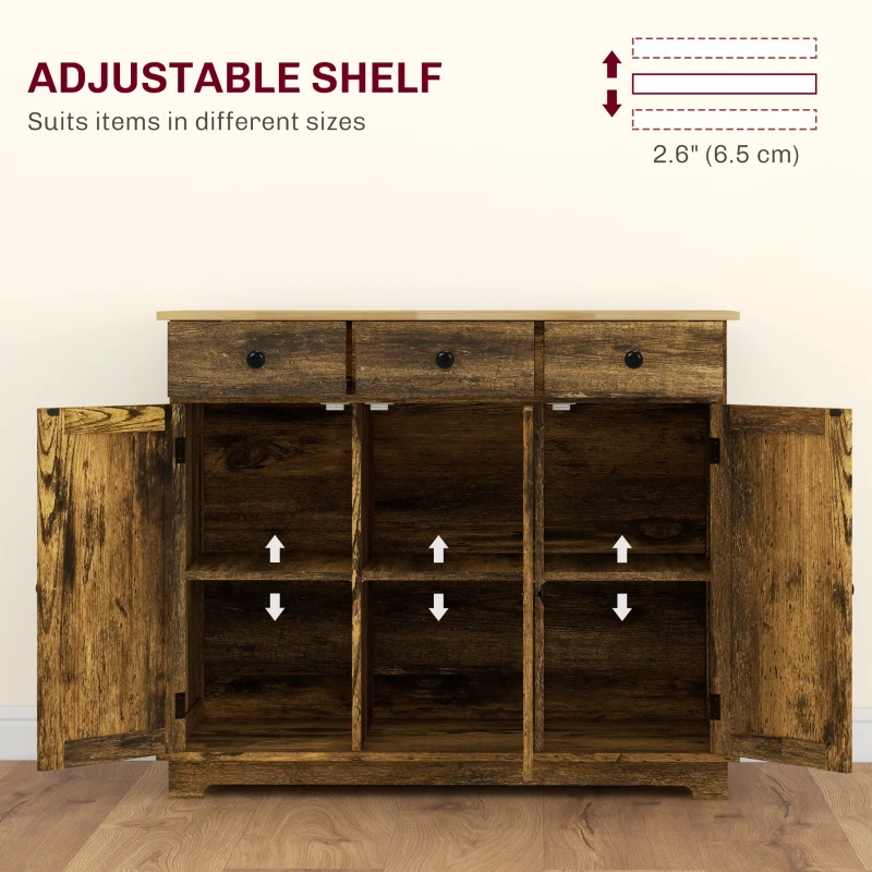 HOMCOM Kitchen Storage Cabinet, Sideboard Floor Cupboard with Solid Wood Top, Adjustable Shelf, and 3 Drawers, Brown