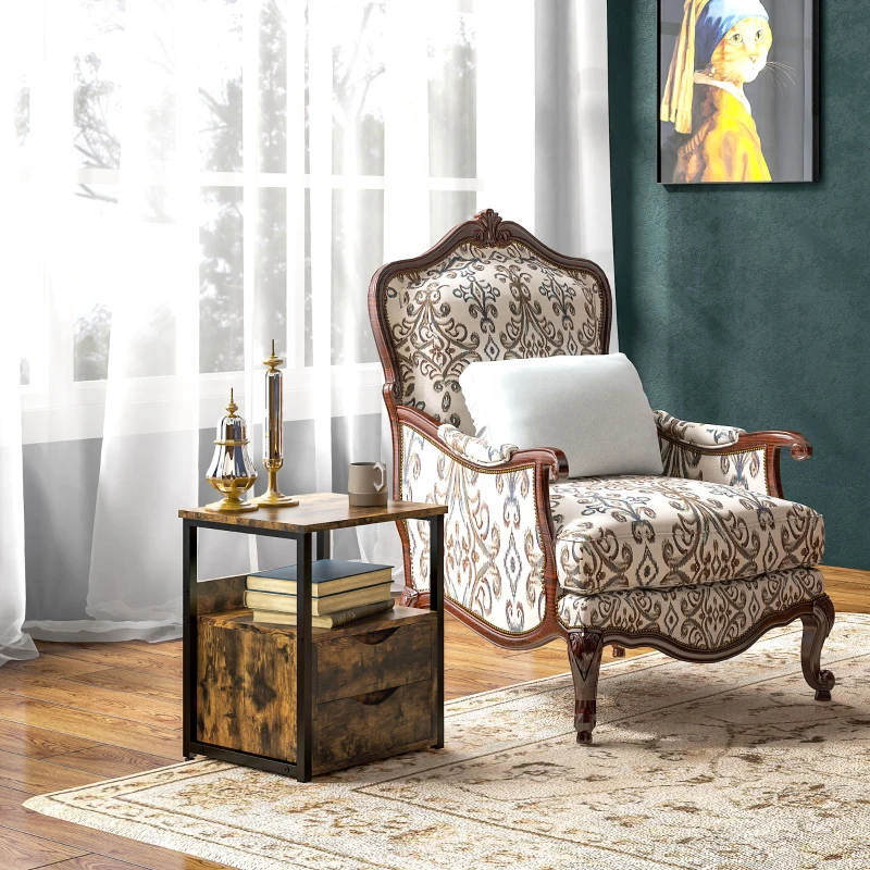 HOMCOM Industrial End Table with 2 Drawers and Open Shelf, Side Table for Living Room, Brown