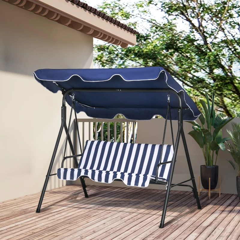Outsunny 3-Seat Outdoor Patio Swing Chair with Cushion, Steel Frame Stand, Adjustable Tilt Canopy for Patio, Garden, Dark Blue