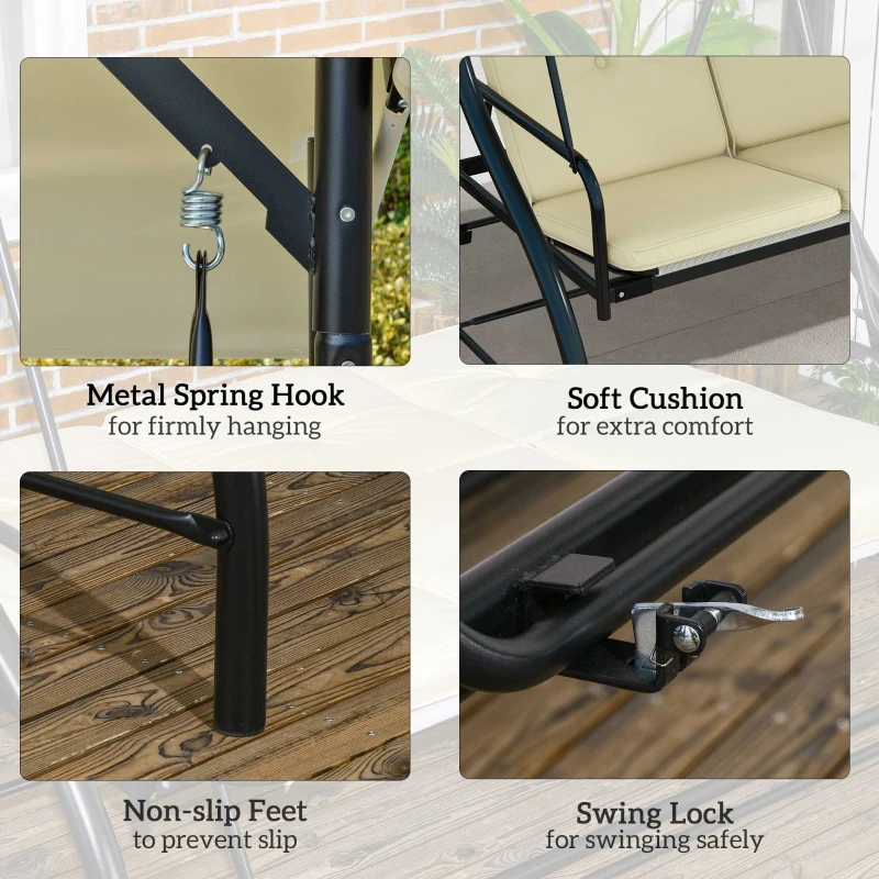 Outsunny Convertible Patio Swing Bed with Canopy and Cushions, 3 Seater Porch Swing for Outdoor, Backyard, Garden, Beige