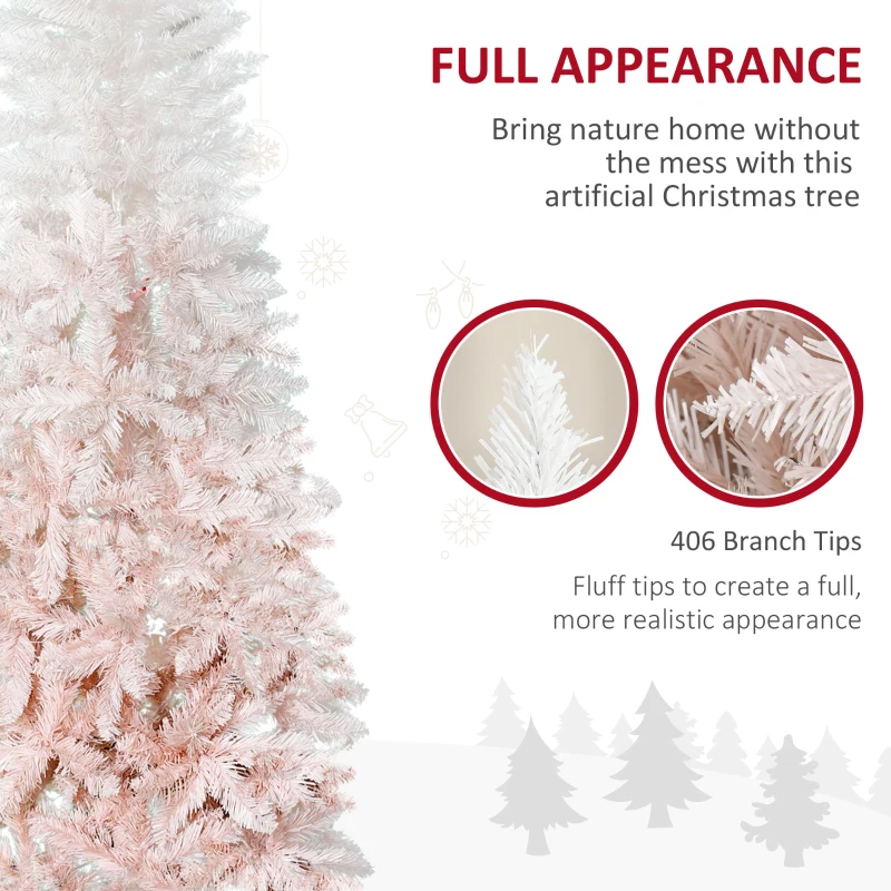 HOMCOM 6' Tall Unlit Pencil Fir Artificial Christmas Tree with Realistic Branches and Steel Base, Pink and White