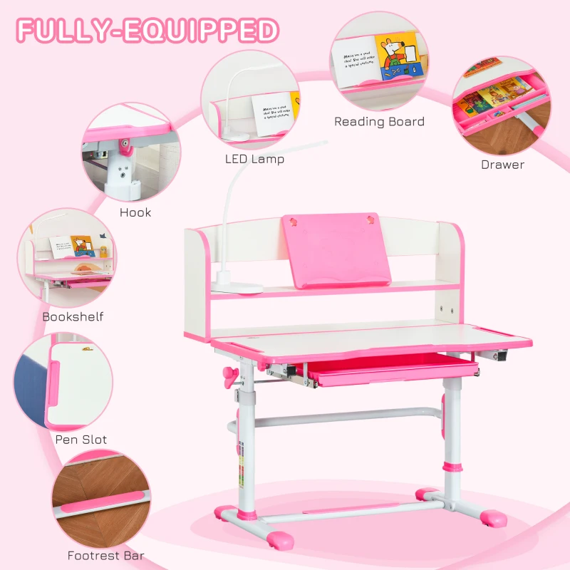 Qaba Kids Desk and Chair Set Height Adjustable Student Writing Desk Children School Study Table with LED Lamp, Bookshelf, Drawer, Reading Board, Pen Slot, Hook, Pink