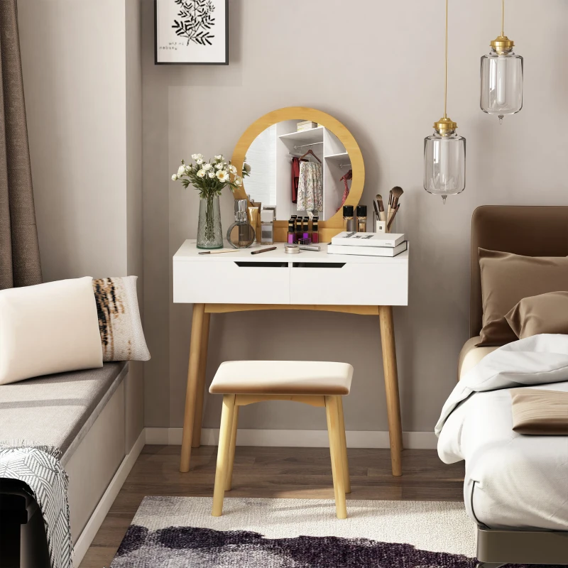 HOMCOM Makeup Vanity Table with Round Mirror and 2 Drawers, Dressing Table with Cushioned Stool Set for Bedroom (Natural Wood)