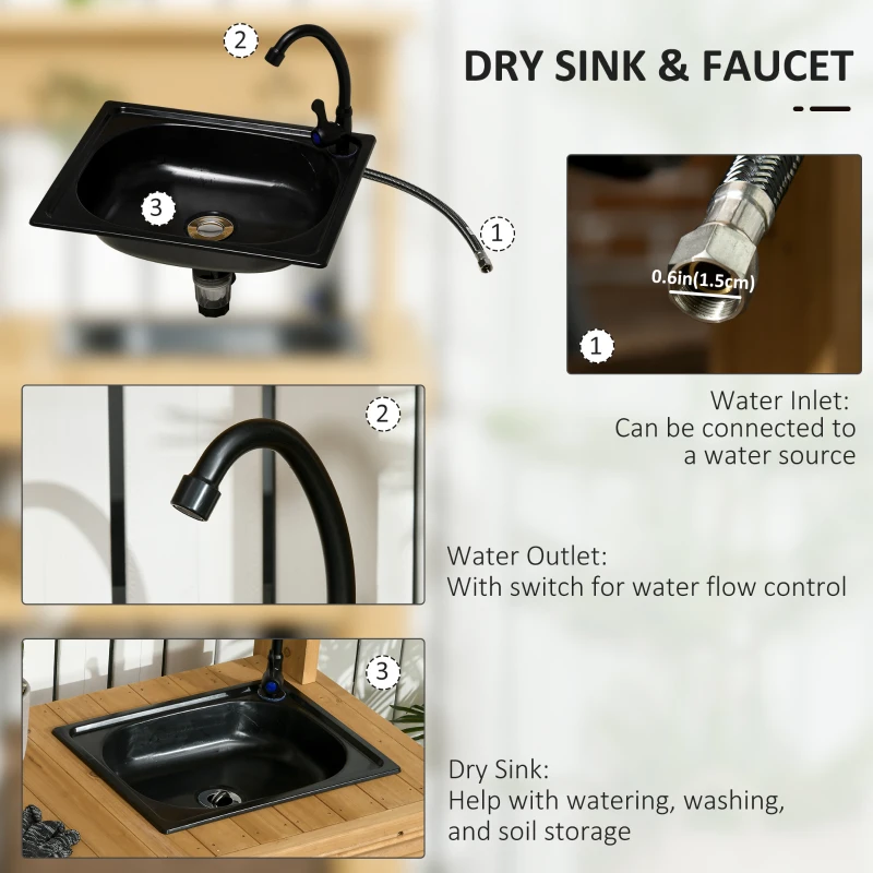 Outsunny Outdoor Potting Bench Table with Faucet, Removable Sink, Hooks and Storage Shelves, Wood Work Bench Workstation for Greenhouse, Garden, Patio