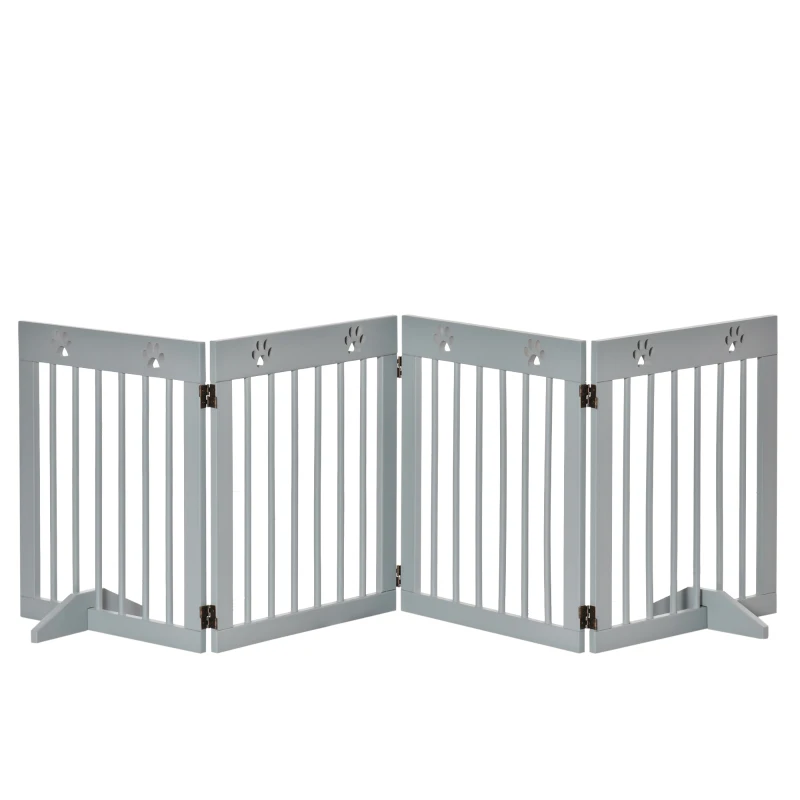 PawHut Freestanding Pet Gate 4 Panel Wooden Dog Barrier Folding Safety Fence with Support Feet for Doorway Stairs Light Grey