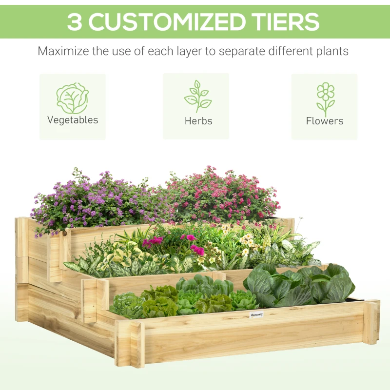 Outsunny 3 Tier Raised Garden Bed, Water Draining Fabric for Soil, Elevated Wood Flower Box for Vegetables, Herbs, Natural
