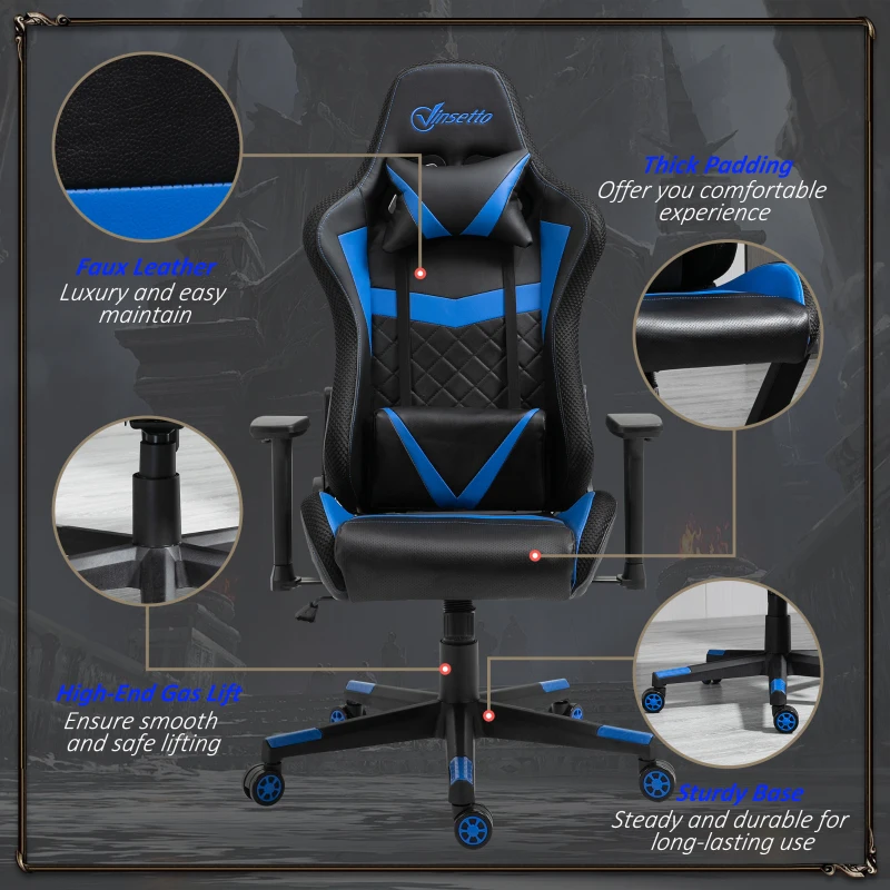 Vinsetto Racing Gaming Chair with RGB LED Lights, Adjustable Height, Gamer Office Chair, Computer Desk Chair, Black/Blue