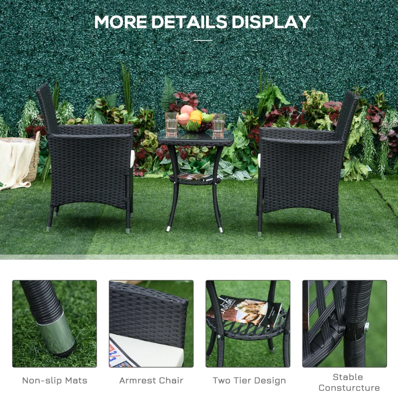 Outsunny 3 Piece Rattan Bistro Table Chairs Set Outdoor Cushioned - Black