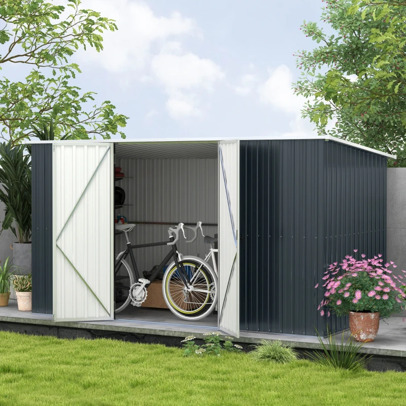 Outsunny 11.2' x 5.6' Storage Shed w/ Lockable Door, Galvanized Metal Utility Outdoor Shed for Backyard, Bike, Patio, Cold Gray