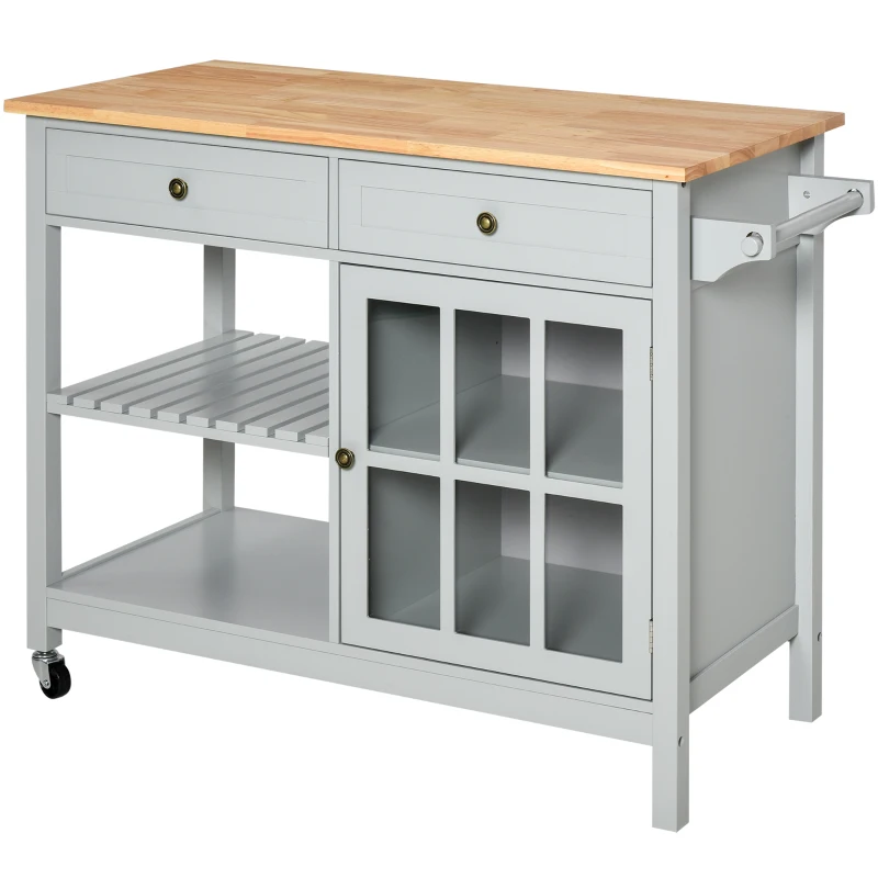 HOMCOM Rolling Kitchen Island with Storage, Kitchen Cart with Solid Wood Top, Glass Door Cabinet, Adjustable Shelf, Towel Rack, 2 Drawers for Dining Room, Gray