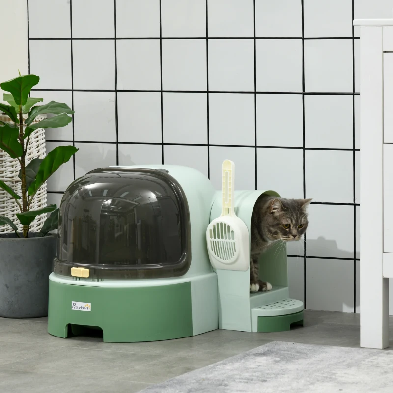 PawHut Cat Litter Box Easy to Clean Open with Scoop, Green