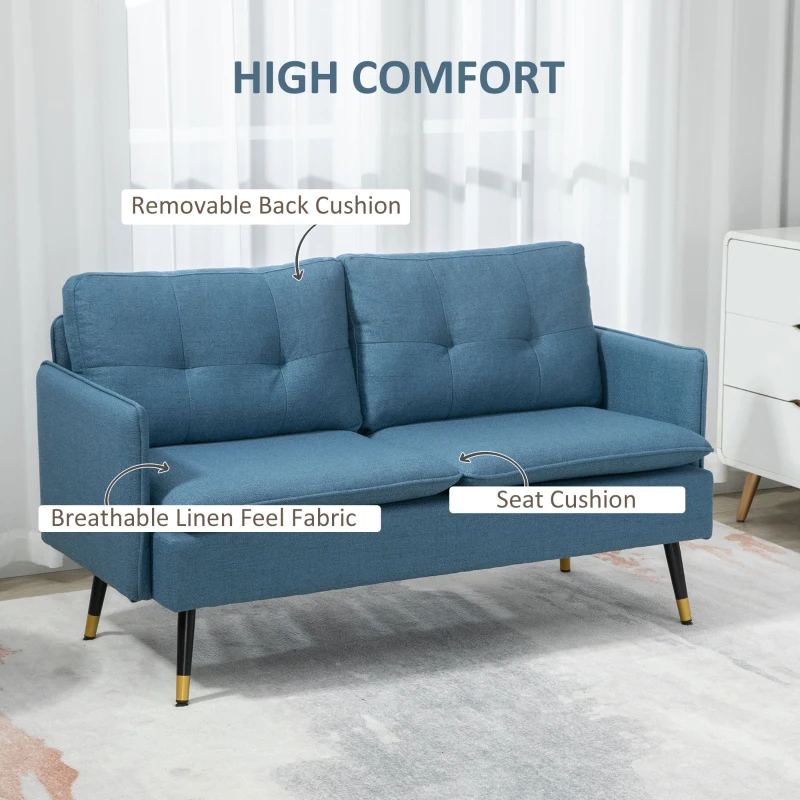 HOMCOM 55" Loveseat Sofa, Linen Love Seat w/ S spring, Steel Legs and Button Tufting, Small Couch for Living Room, Dark Blue