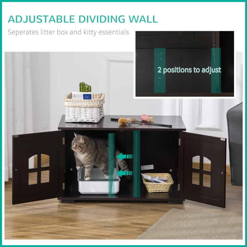 PawHut Cat Litter Box Enclosure Hidden Cat Furniture Cabinet Indoor Cat Washroom Double-door Nightstand End Table with Cat Hole Window Coffee