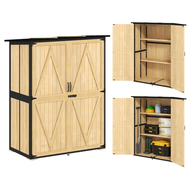 Outsunny Wood Storage Shed, Outdoor Garden Shed with Asphalt Roof, 2 Shelves, Lockable Doors and Adjustable Feet, Natural