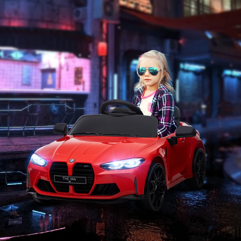 Qaba BMW M4 Licensed 12V Ride on Car, Kids Car w/ Remote Control, Suspension, Handle Attachment, LED Lights, Music, Red