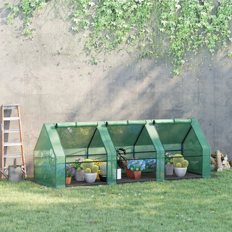Outsunny 9' x 3' x 3' Portable Mini Greenhouse Outdoor Garden with Large Zipper Doors and Water/UV PE Cover, Green(m-2)