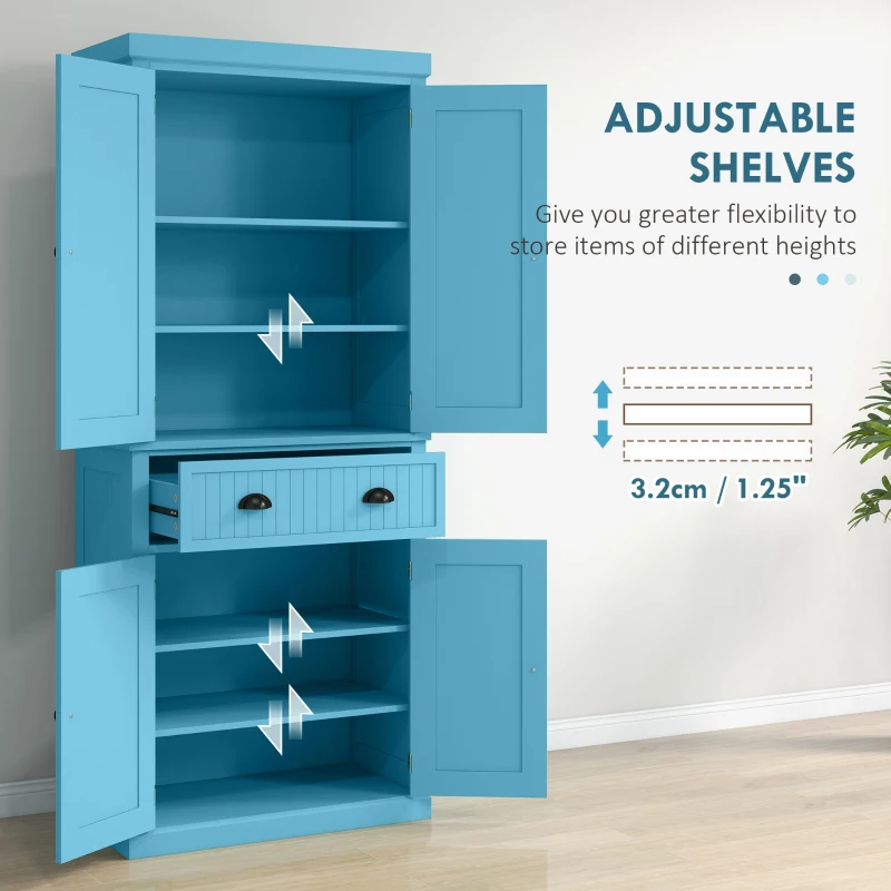 HOMCOM 72" Kitchen Pantry Storage Cabinet, Cupboard w/ 4 Doors and 3 Adjustable Shelves, Large Central Drawer, Dark Blue