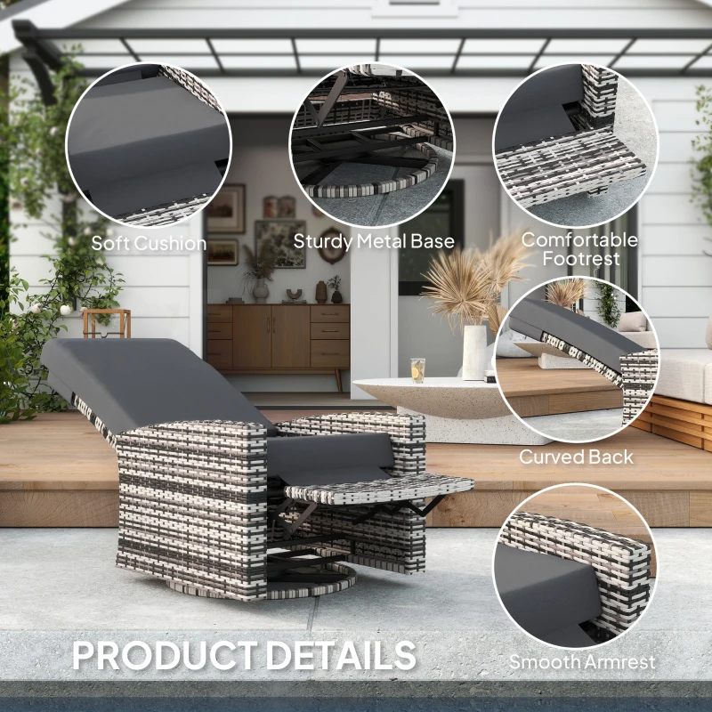 Outsunny Outdoor Rattan Wicker Lounge Chair with Footrest & Soft Cushion for Patio, Garden, Backyard, Grey