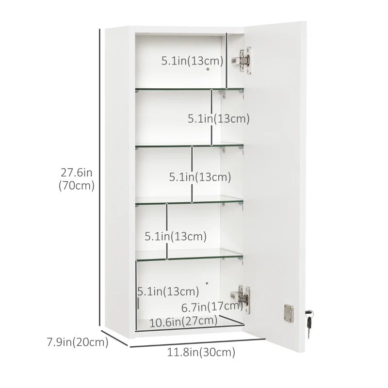 kleankin Wall Mount Medicine Cabinet, 5-tier Lockable Bathroom Cabinet with 2 Keys and Adjustable Shelves, White