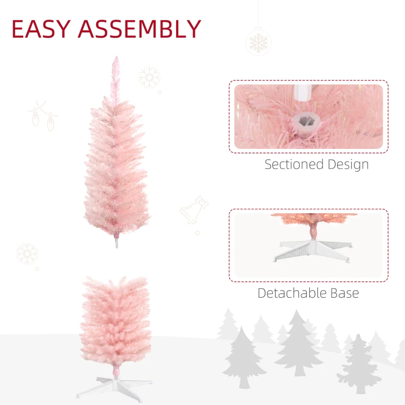 HOMCOM 5' Prelit Christmas Tree, Pencil Artificial Christmas Tree with Colorful Surface Branches, Colorful LED Lights, Pink