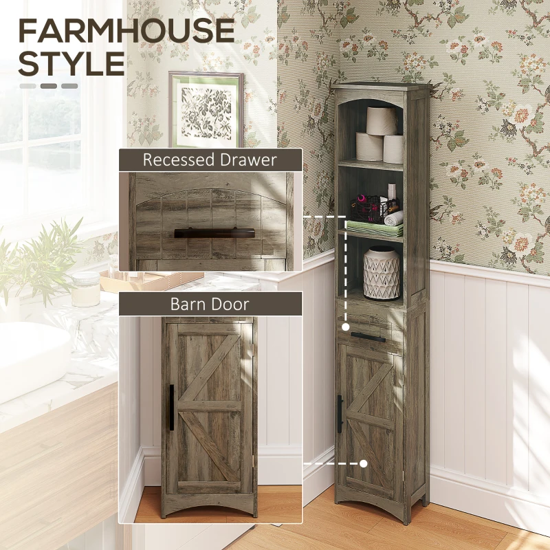 HOMCOM Farmhouse Tall Slim Bathroom Storage Cabinet with Recessed Drawer, Narrow Cabinet with Barn Door, Weathered Gray Oak