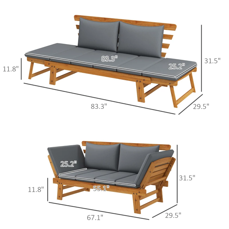 Outsunny Wooden Garden Bench for Outdoor, Front Porch Bench, Patio Loveseat with Cushions, Adjustable Armrests, Gray