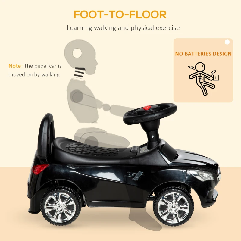 Aosom Kids Ride On Push Car, Foot-to-Floor Walking Sliding Toy Car for Toddler with Working Horn, Music, Headlights and Storage, Black