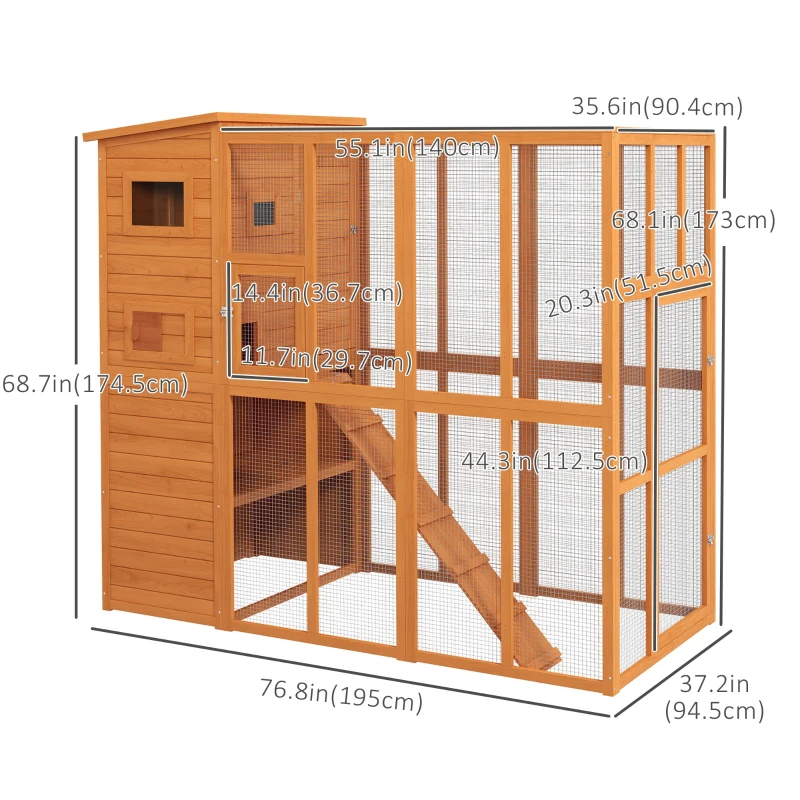 PawHut 68.75" H Cat Cage Large Wooden Outdoor Cat House with Large Run for Play, Catio for Lounging, and Condo Area for Sleeping, Natural